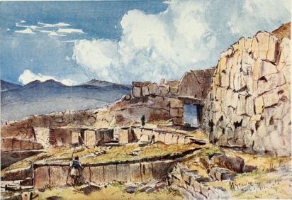 MYCENÆ, SHOWING THE SITE OF THE FAMOUS DISCOVERIES OF
SCHLIEMANN

The mass of so-called cyciopean masonry, on the right, buttresses the
upper part of the Acropolis of Mycenæ. The wall at right angles to it
contains the Lion Gate, and the large triangular stone above the lintel
is the back of the well-known relief of lions or lionesses regardant,
probably the most ancient piece of sculpture in Greece. In the
foreground is shown the singular double wall and gateway of the
enclosure, called by Schliemann the Agora, within which he found the
treasures of Mycenæan art now in the Central Museum in Athens.