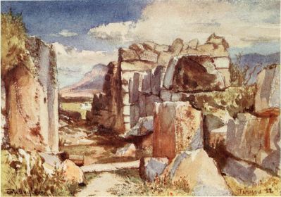 TIRYNS. THE GATE OF THE UPPER CASTLE

The gate post to the left (west) 10½ feet high, is complete, with the
rebate and the hole for the insertion of the strong bar to secure the
gate. Only half of the right (eastern) post remains. Over it we see the
massive outer rampart between the main gate and the gate of the Upper
Castle.