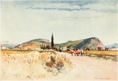 NAUPLIA AND TIRYNS FROM THE ROAD TO ARGOS

The great headland to the right, crowned by the fortress of Palamidi,
overlooks the town of Nauplia. The golden-brown hill to the left is the
ancient acropolis or fortress of Tiryns, the exploration of which by Dr.
Schliemann was an event of hardly less importance than his famous
discoveries at Mycenæ.