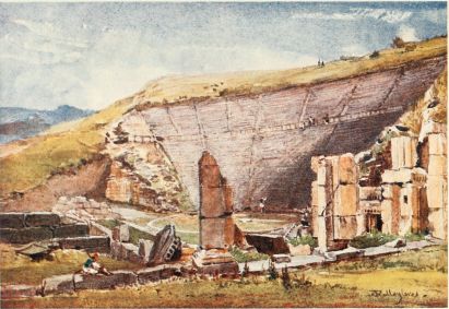 THE THEATRE OF EPIDAURUS

Presumably the work of the younger Polykleitos; the auditorium
(koilon) hollowed out of the side of the hill, as is usual in Greek
theatres. In the diazoma, or horizontal gangway, half-way up the side
of the auditorium, are thrones or seats of honour. The orchestra, marked
by a circle of white marble, is clearly shown, and also the foundations
of the stage buildings. By an act of barbarism, which has sadly ruined
the artistic interest of this, the most beautiful ancient Greek theatre,
the marble proscenium decorated with engaged Ionic columns has been
removed, as not being part of the original design of the building. One
of the great gateways opening into the passage (parados) leading to the
orchestra occupies the lower middle part of the drawing.