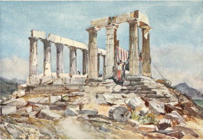 THE TEMPLE OF ATHENA AT SUNIUM (CAPE COLONNA) FROM THE
NORTH

An encampment on the site of the cella of the Temple.