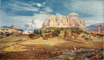 THE WESTERN END OF THE ACROPOLIS SEEN FROM BELOW THE PNYX

The position of the Propylæa, the magnificent gatehouse of Pentelic
marble designed by the architect Mnesicles, is admirably shown in this
drawing. All the five doorways, which were closed by doors of bronze,
are seen against the sky. Immediately to the left is the north wing (the
Pinacotheca); to the right the bastion surmounted by the little Niké
Temple. High above all rises the Parthenon. Coming down to the
foreground, we may note, on the right, the great supporting wall of the
Theatre of Herodes Atticus with the blue Hymettos behind it; and, to the
left, the pinkish coloured rock of the Areopagus, with Lycabettos
above.