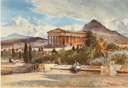 THE TEMPLE OF THESEUS FROM THE SOUTH-WEST

The mountain dominating the Temple, to the right (east), is Lycabettos;
the distant mountain to the left is Pentelikon.