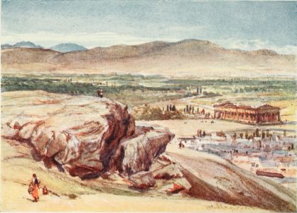 THE AREOPAGUS AND THE THESEUM

The craggy mass to the left is the Areopagus (Mars Hill), with the cleft
of the Eumenides. Behind the Temple of Theseus stretch the famous olive
groves of Athens, nourished by the water of the subterranean Kephissus.
The mountain range is that of Ægaleos, with the Pass of Daphni.