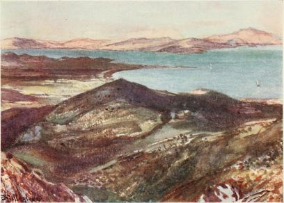 THE BATTLE-FIELD OF MARATHON, FROM MOUNT PENTELIKON

The plain of Marathon and the long spit of Kynosura are well shown; but
the sickle shape of the famous bay is obscured by the intervening summit
of Mount Agrieliki. Across the blue gulf of Petali we see the splendid
chain of the Eubœan Mountains.