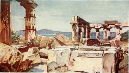 THE TEMPLE OF ATHENA ON THE ISLAND OF ÆGINA

The Temple, which is magnificently situated on the top of one of the
hills near Mount Elias, in the southern part of the island, looks
eastward towards Cape Colonna, over the blue waters of the Saronic Gulf.
The coast seen above the sea is part of the west coast of Attica running
down to Sunium. The drawing includes five out of the six columns of the
east front of the Temple, and five out of the twelve columns of the
north side, also two columns of the pronaos, together with the
architraves. These columns are of limestone, still partly covered with
their marble stucco.