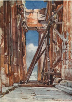 THE WESTERN PORTICO OF THE PARTHENON FROM THE SOUTH

The timber scaffolding, here shown, has been erected for the purpose of
examining the condition of the architrave supporting the western frieze.
The columns to the right are those of the inner row. The marvellous way
in which the marble of the Parthenon takes colour is in no way
exaggerated in this drawing. The second column of the northern peristyle
(the column across which one of the beams of the scaffolding passes
transversely) should be specially noticed. The time of day is towards
noon.