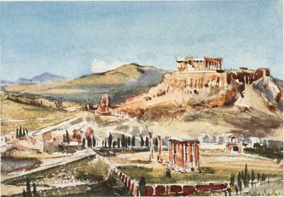 THE ACROPOLIS AND THE TEMPLE OF OLYMPIAN ZEUS, FROM THE
HILL ARDETTOS

The boundary wall of the enclosure (temenos) of the Temple is very
clearly marked. The clustered group of lofty columns is the remains of
the south-east corner of the Temple itself. North-west of them is the
Arch of Hadrian. The walls of the Acropolis make a splendid contrast to
the rugged bosses of the rocks which support them. The Parthenon above
is seen almost down to the stylobate, and masses finely from this point
of view. The mountains are those of Daphni.