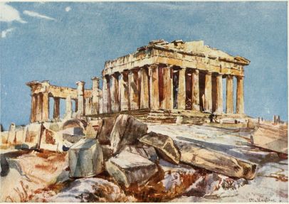 THE PARTHENON FROM THE NORTH END OF THE EASTERN PORTICO
OF THE PROPYLÆA (EVENING LIGHT)

The local colour of the rocky surface of the Acropolis intensifies the
long blue shadows. The effect of the golden-brown weathering of the
surface of the marble on the west front of the Parthenon is faithfully
given.