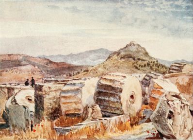 MOUNT PENTELIKON AND LYCABETTOS FROM THE NORTH-EASTERN
ANGLE OF THE PARTHENON (EARLY MORNING LIGHT)

The drums of columns, and other fragments of the Parthenon lying in the
foreground, make of themselves a very fine subject, irrespective of the
delicate beauty of the distant outline of Pentelikon, which shows itself
here with special appropriateness as the mountain from the sides of
which the marble of the Parthenon was quarried.