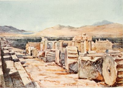 THE PROPYLÆA FROM THE NORTHERN EDGE OF THE PLATFORM
(STYLOBATE) OF THE PARTHENON

The steps of the stylobate below run in perspective along the left-hand
side of the drawing. Over the drums of the fallen columns of the
Parthenon, which strew the ground to the right, we see the whole east
side of the Propylæa; above it are the olive groves of the Kephissus and
the mountains of Daphni, with a glimpse of the Bay of Salamis.