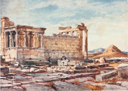 THE SOUTHERN SIDE OF THE ERECHTHEUM, WITH THE FOUNDATIONS
OF THE EARLIER TEMPLE OF ATHENA POLIAS

The Caryatid portico and south wall of the Erechtheum show very delicate
opalescent colours, due chiefly to reflected light from the large slabs
and drums of marble lying on the ground north of the Parthenon. The dark
Caryatid is a terra-cotta substitute for the original, one of the
greatest treasures of the British Museum. The sub-structures in the
foreground are the foundations of the archaic Temple; to the right, in
the background, Pentelikon, and, in front of it, Lycabettos brilliantly
illuminated by the setting sun.