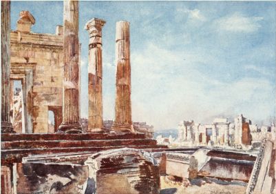 THE NORTHERN PORTICO OF THE ERECHTHEUM

Four out of the six pillars of the portico appear in this drawing, which
includes not only the great doorway so famous for its beauty and for the
interesting problems it has given rise to, but also the small doorway
leading to the Pandroseion. The rough masonry behind the two right-hand
columns is the great wall below the site of the archaic temple of Athena
Polias. To the right of the drawing we have the east portico and part of
the north wing of the Propylæa.