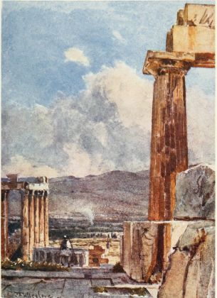 THE EASTERN PORTICO OF THE ERECHTHEUM, VIEWED FROM THE
NORTHERN PERISTYLE OF THE PARTHENON

The column to the right, with its strong golden-brown local colour,
warmed by the full morning summer sun, is the third column counting from
the north-east corner of the Parthenon. The blocks of marble which
conceal the lower part of the column form part of the pronaos wall.
The east portico of the Erechtheum is seen below to the left; behind are
the mountains of Daphni.