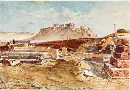 THE DIPYLON (GATE) AT ATHENS

The central block of the outer side of the gate is in the foreground; in
front of it the marble base of a statue with a low bench, also in
marble. In the distance is seen the Acropolis, with the Propylæa at the
right hand.