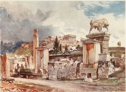 THE STREET OF TOMBS OUTSIDE THE DIPYLON (GATE) AT ATHENS

One of the most remarkable tombs is that surmounted by a colossal bull
in the act of charging. This statue has undergone a good deal of
restoration, but it is a singularly effective piece of work when seen
relieved against the sky in such a climate as that of Athens. Between
this tomb and the tall shaft (stelé) surmounted by an acroterion we get
a view of the Parthenon, with a storm approaching from the East.