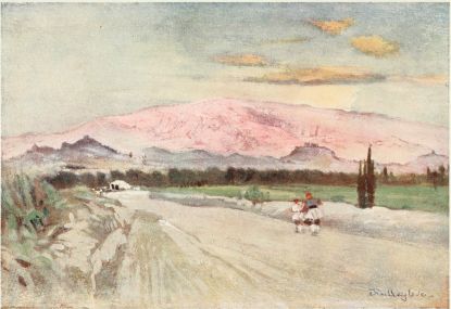 ATHENS FROM THE ROAD TO ELEUSIS

The hills running across the middle distance are a portion of the chain
which divides the Attic plain into its two main parts. To the left we
have the picturesque outline of Lycabettos, then the rolling hills above
the Ilissus, next the rectangular form of the Acropolis, and to the
right the Museion or Philopappus Hill. Behind this chain of hills and
rocky eminences arises the great mass of Mount Hymettos.