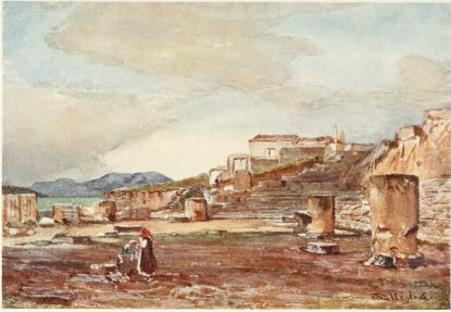 THE HALL OF THE GREAT TEMPLE OF THE MYSTERIES, ELEUSIS

In the distance is the island of Salamis, looking on the Bay of Eleusis.
In the foreground are remains of shafts of columns which supported an
upper story over the Great Hall.