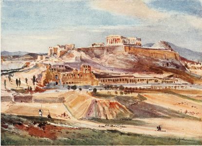 THE ACROPOLIS FROM THE BASE OF THE PHILOPAPPUS HILL

Over the talus of the débris from the excavations on the south side of
the Acropolis we see the front of the Theatre of Herodes Atticus, with
the long portico connecting it with the Theatre of Dionysos. On the
Acropolis itself, if we proceed from left to right, are Beulé’s gate,
the Propylæa and neighbouring remains, the Erechtheum and the Parthenon.
Towering above the east end of the Acropolis is Lycabettos, with the
chapel on its summit catching the sunlight. This drawing is intended to
convey some idea of the glitter of sunlight upon the splendid series of
marble temples and monuments of the Athenian Acropolis.