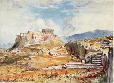 THE PNYX; OR, PLACE OF ASSEMBLY OF THE ATHENIAN PEOPLE

At the junction of the converging lines of scarped rock is the bēma,
or altar, of the Pnyx, with a platform in front, from which, it is
believed, the orators addressed the people. It will be seen that the
steps, at the side of the cubical mass of rock, which has been called an
altar, ascend right up to the top of it; and it seems probable that we
have here rather the basis of the altar than the altar itself. The
latter may very well have been movable. Above the bēma will be seen
the remains of a semicircular row of seats, apparently the seats of the
Prytanes, facing the people. In the middle distance of the drawing the
Acropolis rises majestically, and is finely opposed by the long line of
Mount Hymettos.