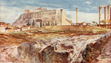 THE ACROPOLIS, WITH KALLIRRHOÈ IN THE FOREGROUND

The worn and polished bed of the Ilissus, down which trickles the water
of the fountain of Kallirrhoè, is richly coloured with blue and purple,
owing to reflected light from the blue sky of a brilliant early morning
in summer. The Acropolis, with the Parthenon (divided into two masses
from this point of view), is relieved against the sky. To the right are
some of the lofty columns of the Temple of Olympian Zeus, the little
café or refreshment house giving scale to them.
