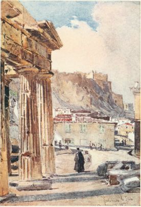 THE PORTICO OF ATHENA ARCHEGETIS AT ATHENS

The entrance to the market-place, built in the time of Augustus. On the
side of the cliff of the Acropolis we see the caves of Pan and Apollo
beneath the north wing of the Propylæa.