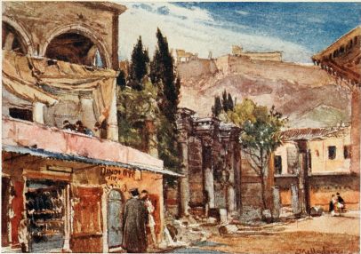 THE STOA OF HADRIAN AT ATHENS

The remains visible are part of the western side of the Stoa (exterior),
including the one remaining pillar of the entrance porch. Above we have
part of the north side of the Acropolis.