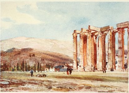COLUMNS OF THE TEMPLE OF OLYMPIAN ZEUS FROM THE
NORTH-WEST

The delicate, rosy tint is characteristic of Hymettos at sunset. The
hill in front of Hymettos is Ardettos, above the Stadion. The time of
year is late in June.