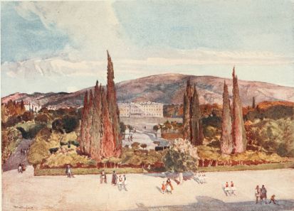 THE SQUARE IN FRONT OF THE KING’S PALACE AT ATHENS

Mount Hymettos behind and the dust-laden cypress trees in front of the
Palace, ruddy in the last rays of a June sunset.