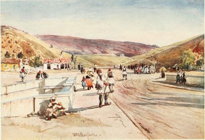 THE STADION AT ATHENS

The line of sight is in the direction of the axis of the Stadion. The
hills sloping right and left show the line of the seats for spectators.
The stones projecting from the side of the hill to the left are part of
the masonry which faced the eastern limb of the Stadion on its southern
side. In the foreground is the modern bridge over the Ilissus leading to
the Stadion.