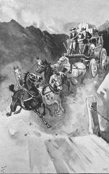 "Davis put forth all his strength to control the horses,
now flying over the road at a wild gallop." Page 36.