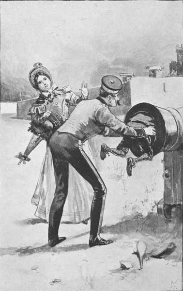 "Fortunately, a big soldier came along, and, slipping
both hands as far up on Bert's body as he could reach, with a strong,
steady pull drew him out of the cannon."—Page 119.