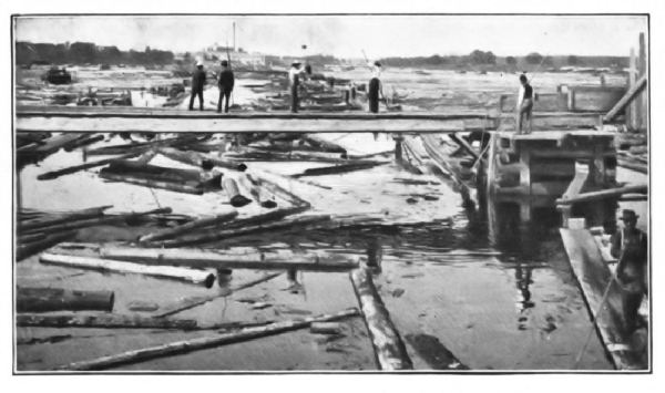 THE LUMBER INDUSTRY—A LOGGING STREAM, MENOMINEE, WIS.