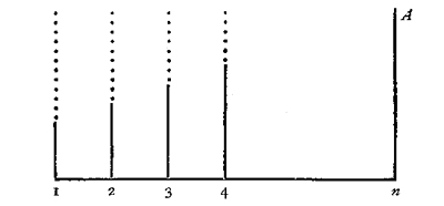 Fig. 1,—Origin of instinct by Organic Selection: A n, perfect instinct. 1, 2 ... n, successive generations. Solid
lines, nervous equipment in the direction of the instinct. Dotted
lines, intelligence supplementing the nervous equipment. The
intelligence is relied upon to keep the species alive until by
congenital variations the nervous equipment becomes "perfect."