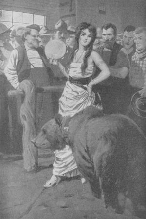A slim, exquisitely formed woman in shimmering silk was
standing beside a huge brown bear. In another moment she bestrode the bear,
and the big beast lumbered up the street with its rider.