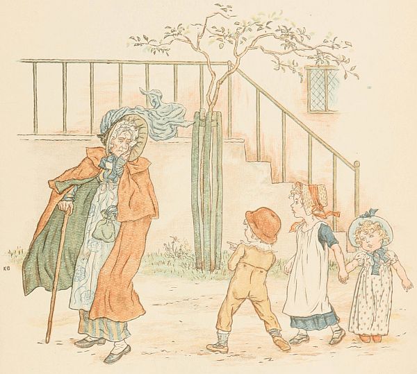 Children looking at old woman