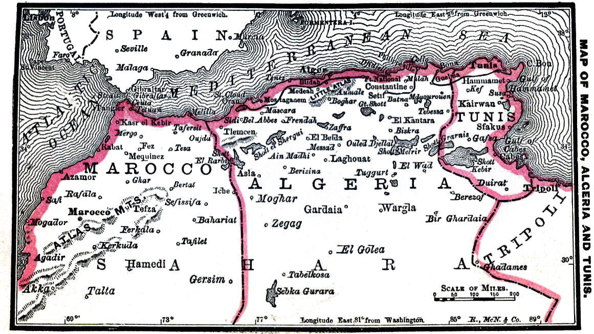Map of Marocco Algeria and Tunis