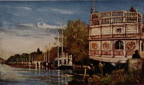 THE RIVER ISIS

On the right is the gold and white barge of Magdalen College undergoing repair. The masts and barges of other colleges line the side of the
river, and Folly Bridge closes the prospect.