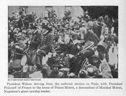 President Wilson driving from the railroad station in Paris with President PoincarÃ© of France to the home of Prince Murat, a descendant of Marshal Murat, Napoleon's great cavalry leader.