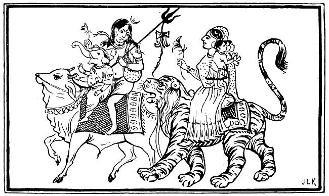 SHIV OR MAHADEO, WITH THE INFANT GANÉSH (FROM AN INDIAN
LITHOGRAPH)