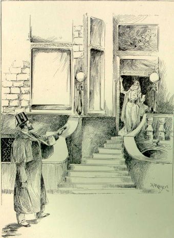 But the bride still stands under the lamp on the
portico, statuesque as Zenobia or Medea.