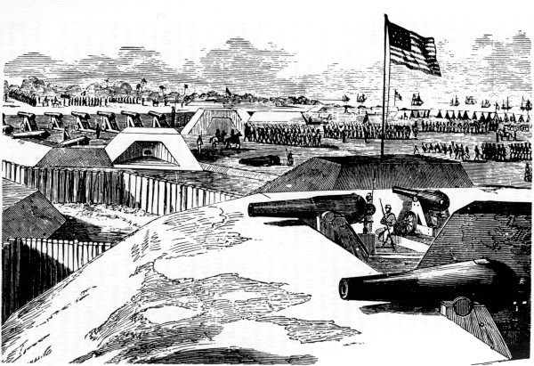 FORTIFICATIONS AT HILTON HEAD.

Gen'l. Hunter's black regiment in the distance.