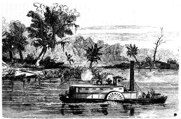 PHALANX RIVER PICKETS DEFENDING THEMSELVES.

Federal picket boat near Fernandina, Fla., attacked by Confederate
sharpshooters stationed in the trees on the banks.
