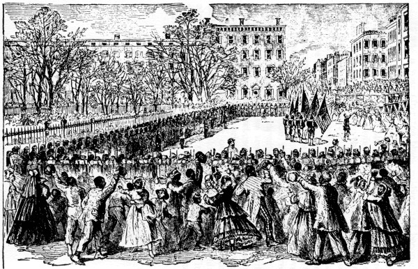 PHALANX REGIMENT RECEIVING ITS FLAGS.

Presentation of colors to the 20th United States Colored Infantry, Col.
Bertram, in N. Y., March 5th, 1864.