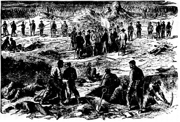 BEFORE PETERSBURG.

Phalanx soldiers, under a flag of truce, burying their dead after one of
the terrible battles before Petersburg.