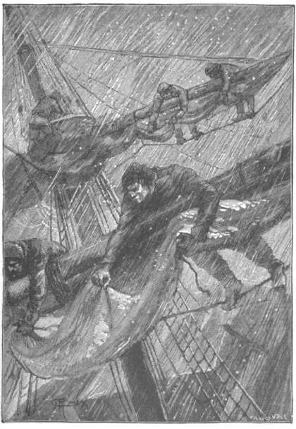 Taking 
in sail under difficulties.