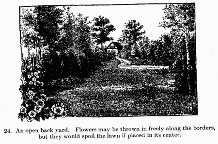 [Illustration: Fig. 24. An open back yard. Flowers may be thrown in
freely along the borders, but they would spoil the lawn if placed in
its center.]