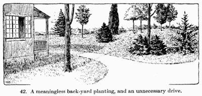 [Illustration: Fig. 42. A meaningless back-yard planting, and an
unnecessary drive.]