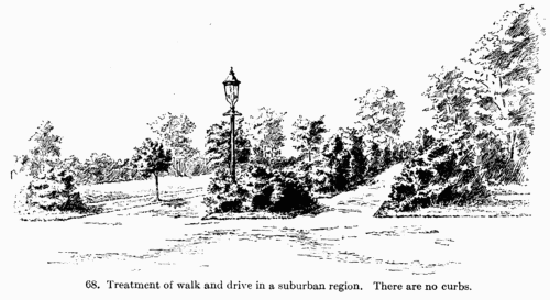 [Illustration: Fig. 68. Treatment of walk and
drive in a suburban region. There are no curbs.]