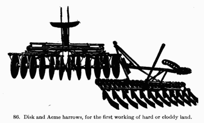 [Illustration: Fig. 86. Disk and Acme harrows, for the first working of
hard or cloddy land.]
